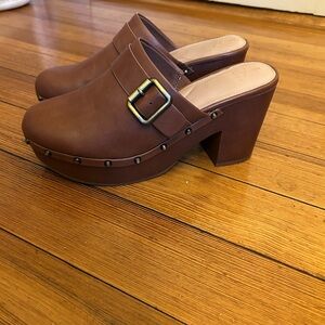 Brown Leather Buckle Clog Heels - Women